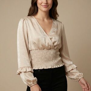 Altar'd State Cream Smocked-Waist V-Neck Blouse with Ruffle Cuffs